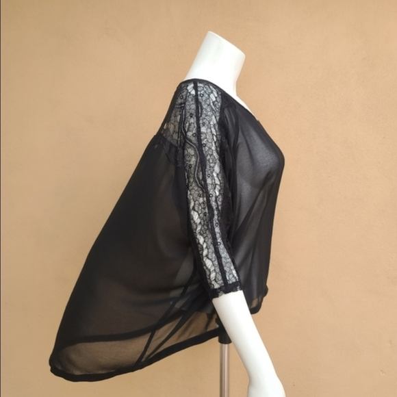 THERAPY Sheer Black Lace Blouse 10 M Top 3/4 Sleeve Tulip Hem Indie Goth Punk - Picture 12 of 13
